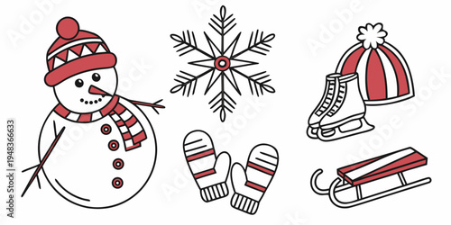 a snowman wearing a hat and scarf with ice skates and sled Vector