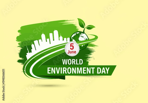World environment day poster with green brush stroke design on yellow background