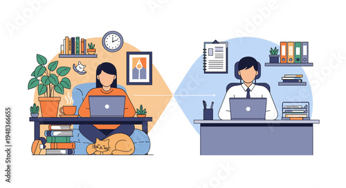 Two individuals working remotely, connected by an arch, home and office.