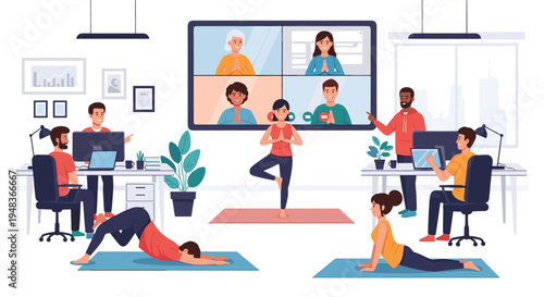 Office workers doing yoga and video conference with remote participants.