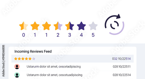 A user interface shows a star rating system and an incoming reviews feed.