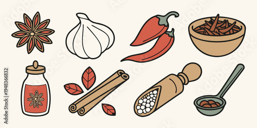 a collection of spices and ingredients for cooking Vector