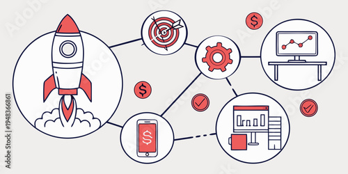 A business workflow process with a rocket and various connected elements Vector