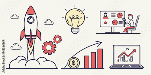 a rocket launching with business and technology concepts Vector