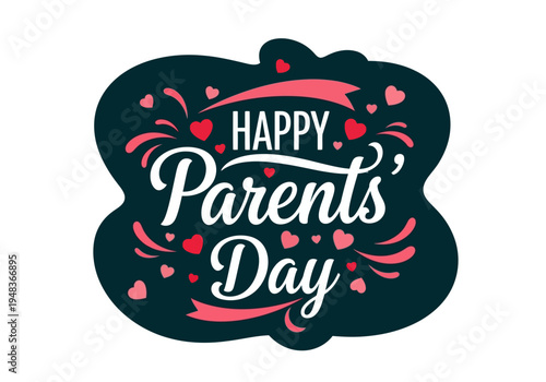 Happy parents day with pink hearts and decorative text
