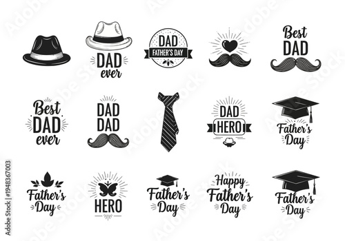 Black and white illustrations of fathers day designs and accessories