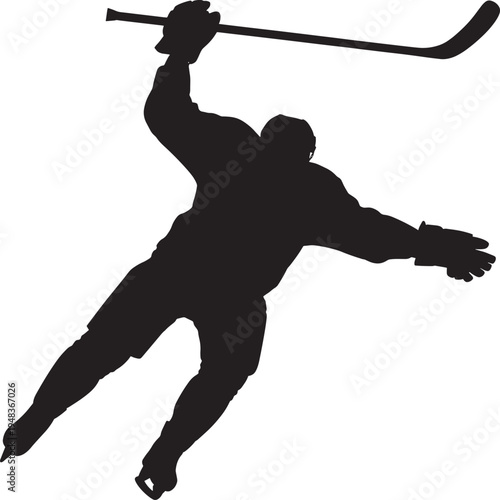 Ice hockey player silhouette jumping with stick during professional match on competition ice stadium
