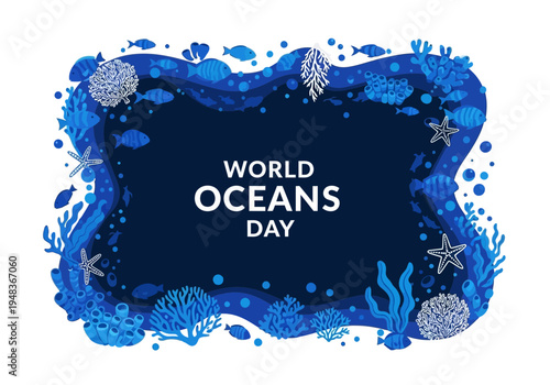 World oceans day awareness with blue ocean creatures