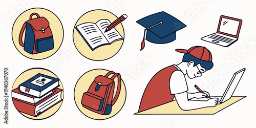 student with a laptop and school supplies Vector