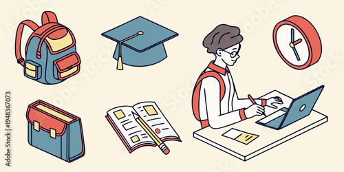 student with school supplies and laptop Vector