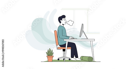 An illustrated man with dark hair sits at a white desk, typing on a computer, with a plant and yoga mat nearby.