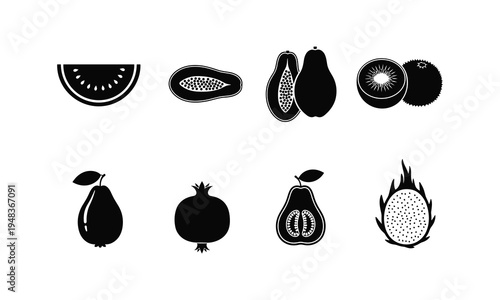 Illustrations of various tropical and exotic fruits in cutaway views and whole forms