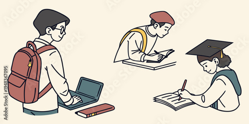 students studying and working on their assignments Vector