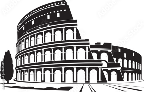 Rome colosseum landmark silhouette for travel and tourism icon showing ancient italian architecture