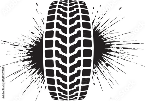 Tire tread mark silhouette with ink splash background for automotive design and offroad motor sports