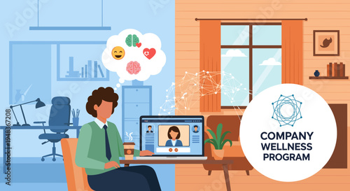 An illustration of a man on a video call, depicting remote work and wellness.