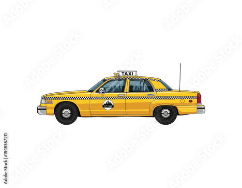 Yellow taxi cab, a classic American sedan illustration, symbolizing urban transportation and city travel services