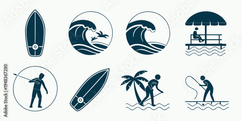 a collection of blue surfing icons on a white background Vector
