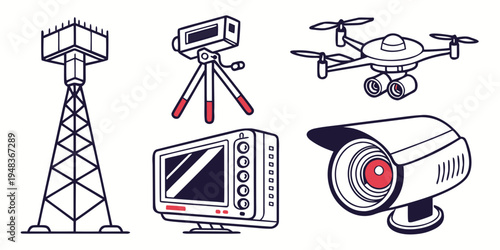 a collection of surveillance and broadcasting equipment Vector