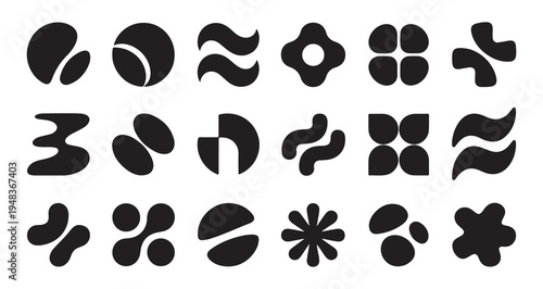 Collection of various black abstract shapes on white background