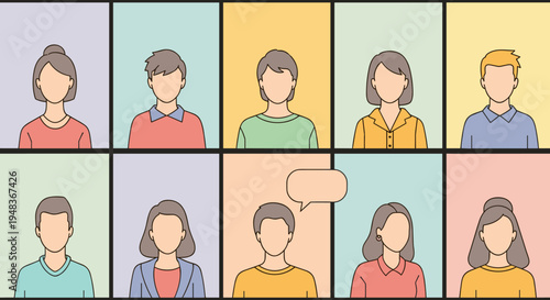 Ten faceless avatars in a grid, one with a speech bubble, for video call.
