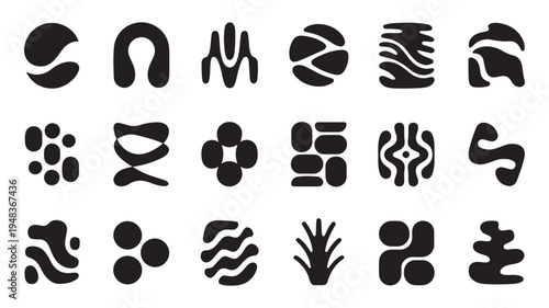 Collection of various abstract black shapes on white background for design elements