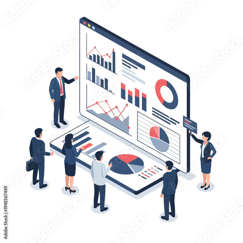 A diverse team of professionals collaborates around a large digital display showcasing complex data analytics and financial charts, emphasizing business intelligence and strategic planning.