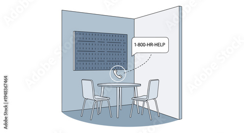 Room with table, chairs, pegboard, and 1-800-HR-HELP speech bubble.