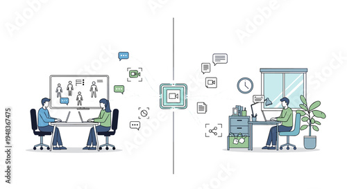 Office and remote workers connected by video icon on a white background.