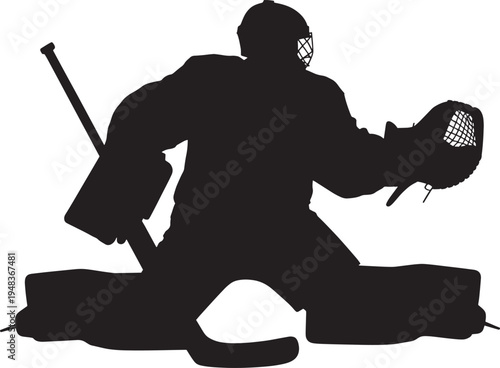 Ice hockey goalie in butterfly save position silhouette on transparent background