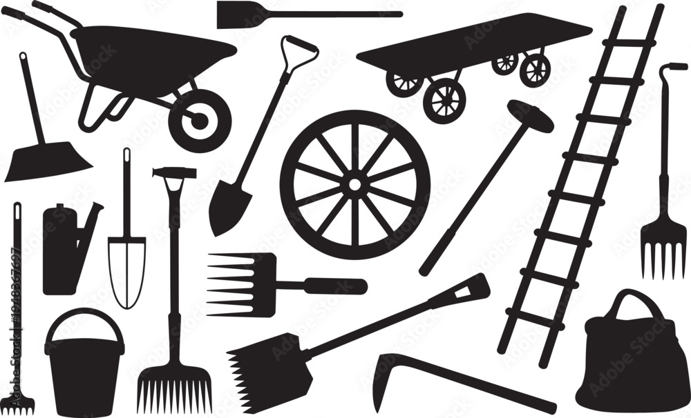 Fototapeta premium Farm gardening tools collection vector set for agriculture work and cultivation equipment