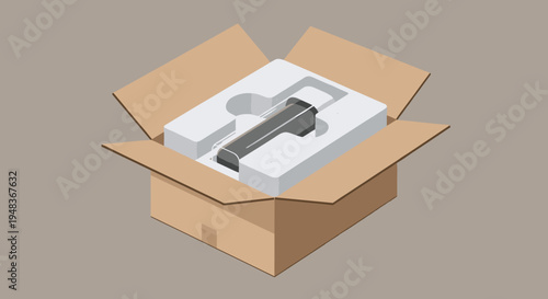 Open cardboard box with foam insert protecting a black object.