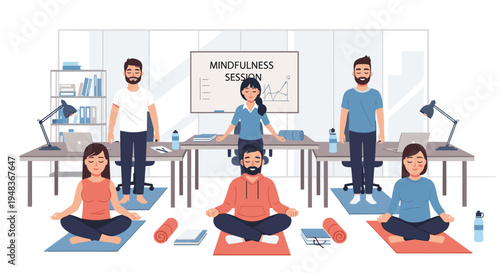 People meditating in an office during a mindfulness session.