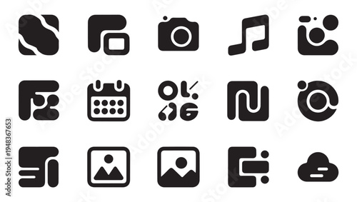 Black icons set of 16 on white background for interface design