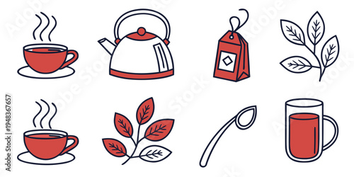 a set of tea icons including a teacup kettle and leaves Vector