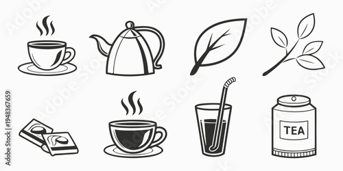a collection of tea and coffee related items Vector
