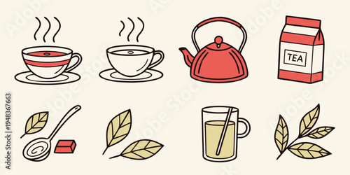 a collection of tea related items and ingredients Vector