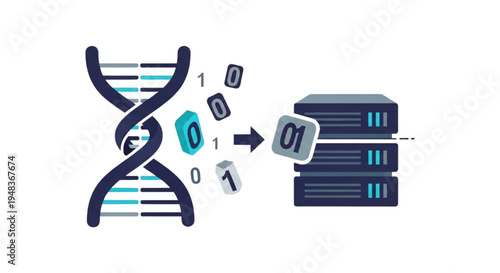 Conceptual illustration of genetic data transformation into digital information for server processing and analysis