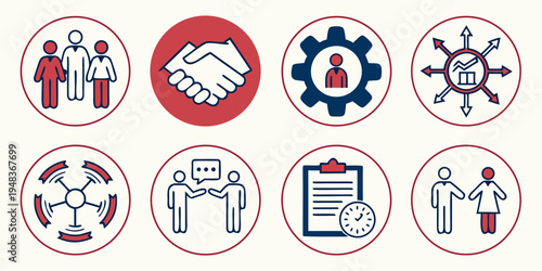 a collection of eight icons related to business and communication Vector