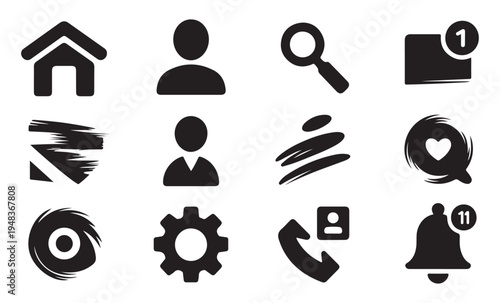 Collection of various black icons on a pure white background for design