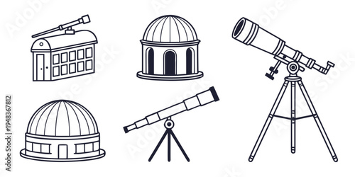 collection of astronomy telescopes and observatory buildings Vector