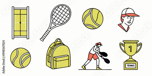 collection of tennis equipment and accessories Vector