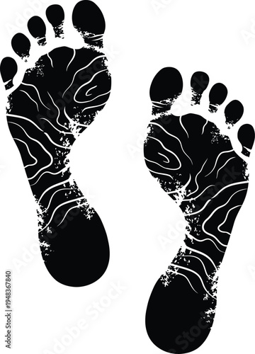 Human Footprint Silhouette with Abstract Line Texture Barefoot Track Vector Illustration