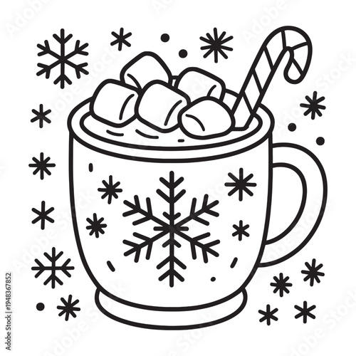 Christmas Hot Cocoa Mug with Marshmallows and Candy Cane Line Art Illustration