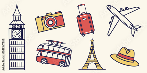 a collection of travel icons including famous landmarks and luggage Vector