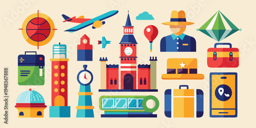 a collection of travel related objects and landmarks Vector