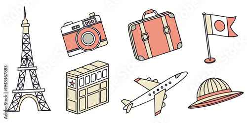 a set of travel related icons including famous landmarks and transportation Vector