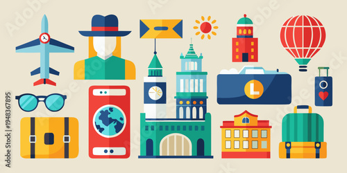 a collection of travel and tourism related objects Vector