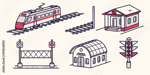 a set of train station icons including train and buildings Vector