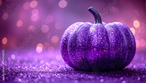 Glittering purple pumpkin. Bokeh background. Autumn decoration with sparkles and a dark stem